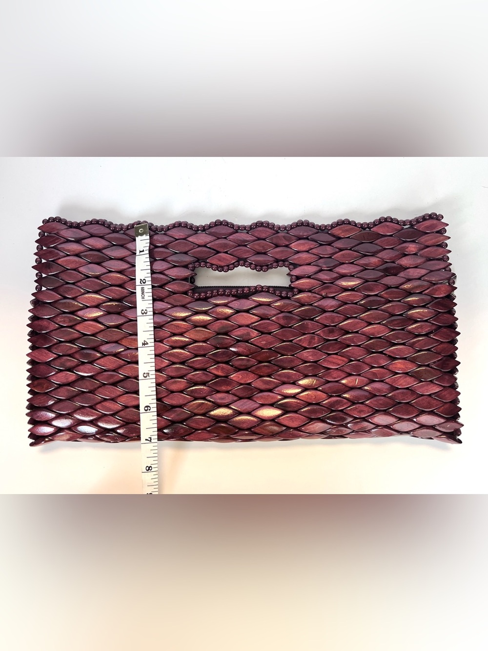 Vivian Bowles Handmade Wooden Scale Clutch Purse Lined Interior Maroon Burgundy - Picture 8 of 8